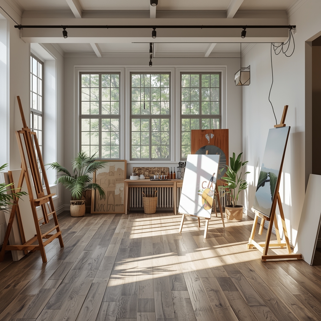 A professional high-end art studio with large windows, easels, and canvas, filled with natural light and creative energy